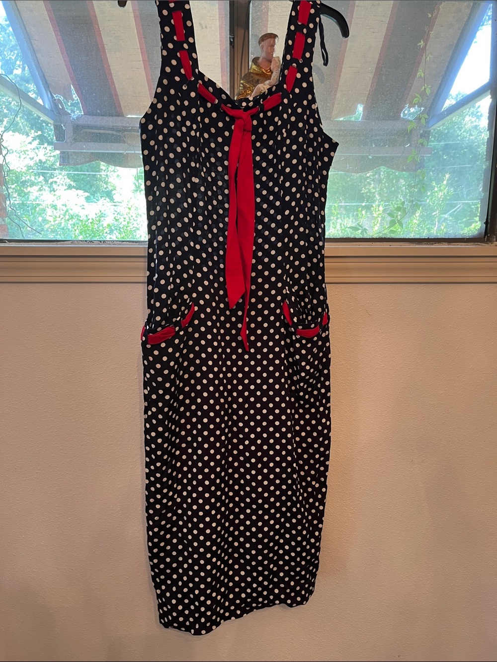 Black Polka Dot Tie-Front Dress with Red Trim